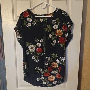 SHEIN Black Floral V-Neck Short Sleeve Blouse with Red & Cream Flowers